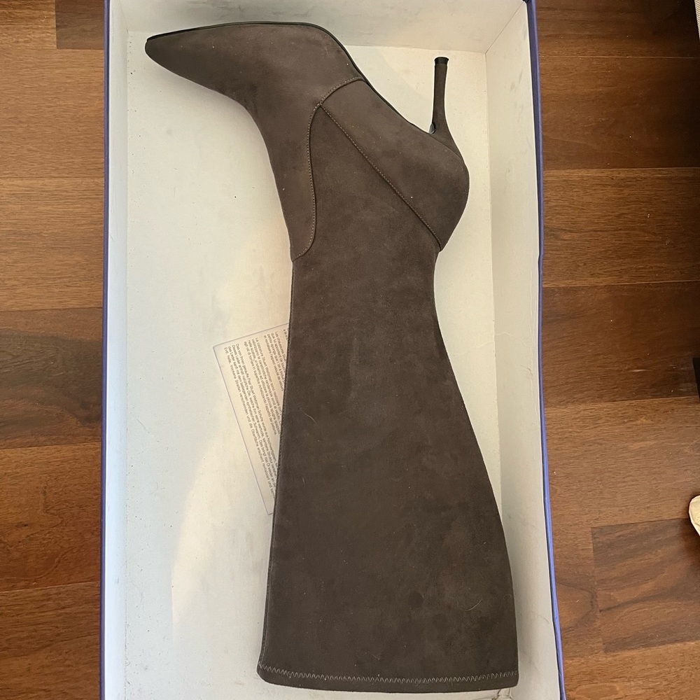 Grey suede heeled boots